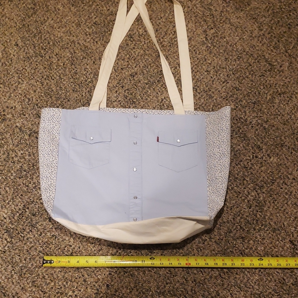 Stylish Cream and Blue Tote Bag Upcycled From Genuine Levi's Garments.